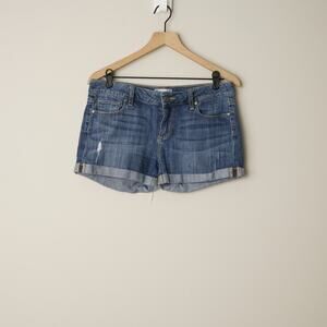 Paige Rolled Cuff Hem Distressed Jean Shorts Medium Wash Denim Cotton Stretch 29